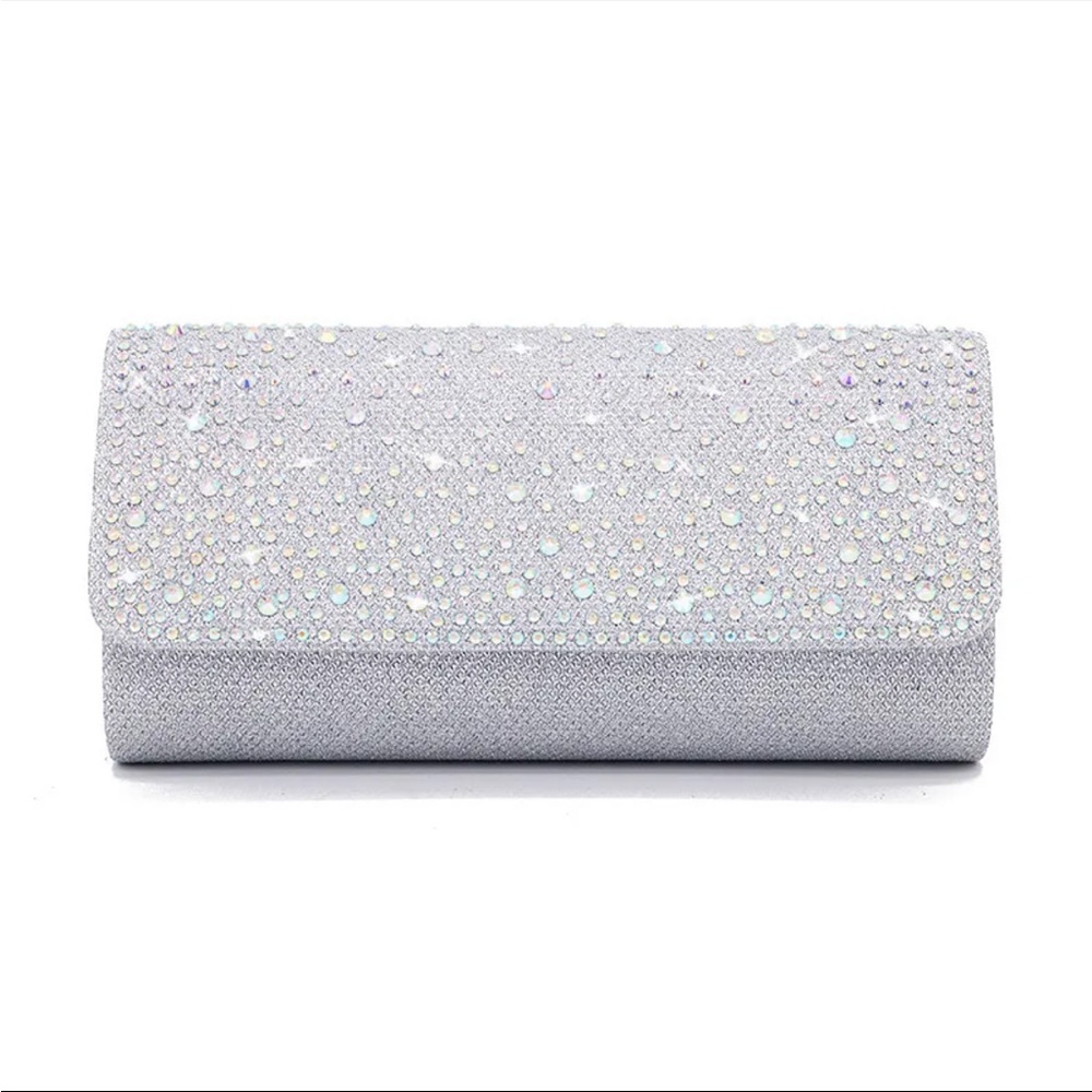 Crystal Evening Clutch Silver Flap Shoulder Bag Rhinestone Cocktail Wedding
